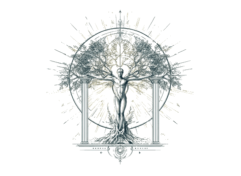 Figure, tree, and sacred geometry illustration